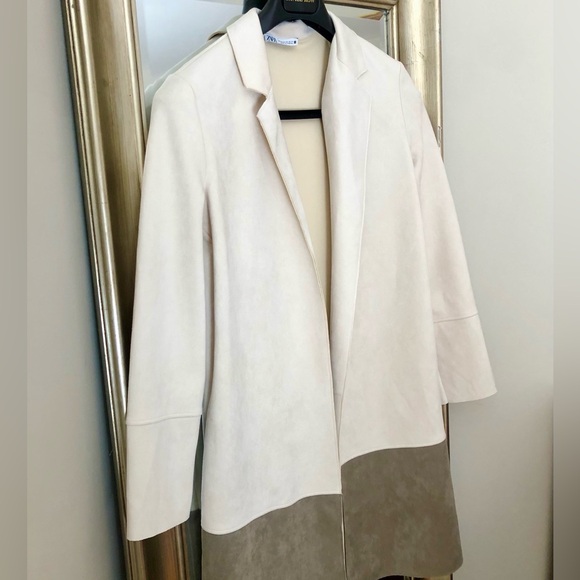 Zara Two-Tone Long Blazer Coat in Cream and Taupe faux suede - Picture 2 of 12